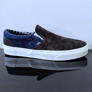 Vans Men's Classic Slip-On Pig Suede Sneaker in Cool & Unique Plaid Brown / Navy